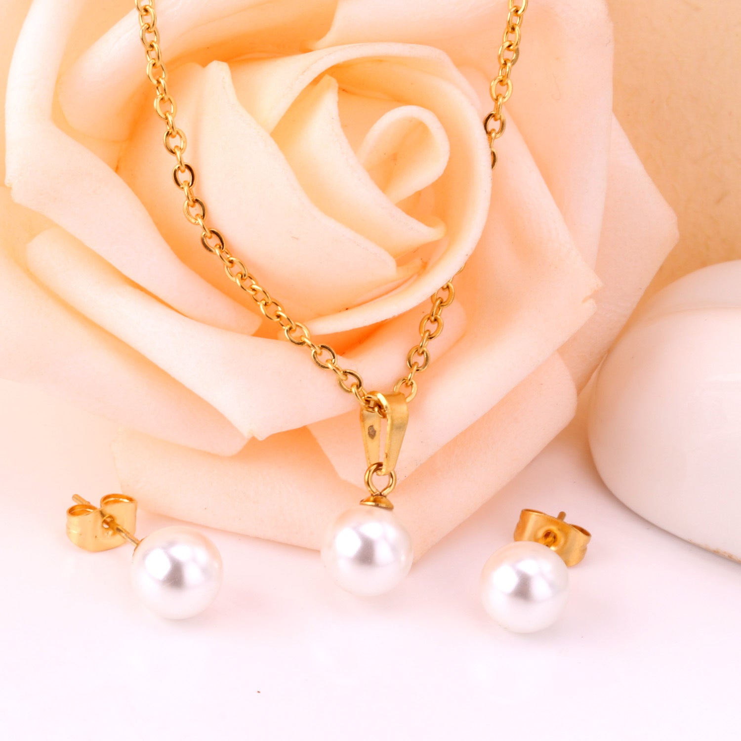Damen Schmuckset mit Edelstahlkette und Perlenanhänger Shop Nory