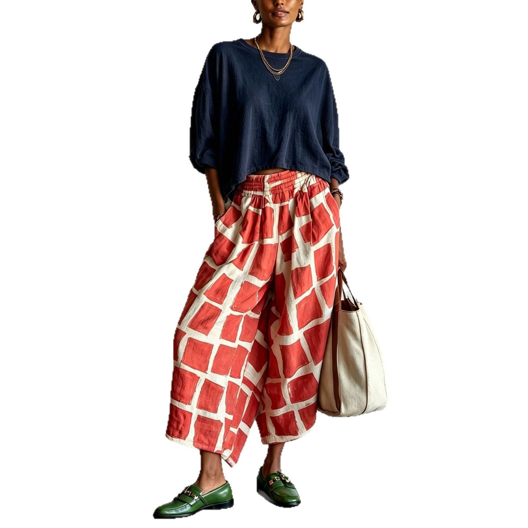 Damen Weite Culotte-Hose aus Leinenmix mit elastischem Bund und grafischem Print Shop Nory