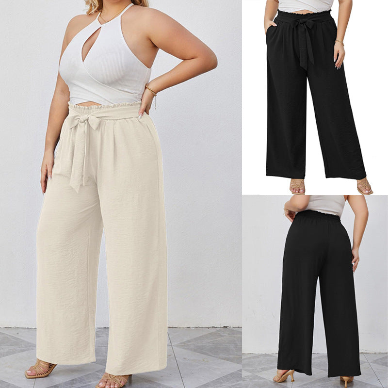 Damen Paperbag-Hose mit weitem Bein, Gummizug, Bindegürtel und Eingrifftaschen Shop Nory