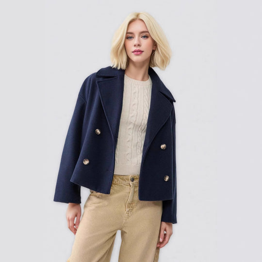 Damen nan kurzes doppeltreihiges Wollmix-Manteljacke im Boxy-Cut mit weitem Reverskragen Shop Nory