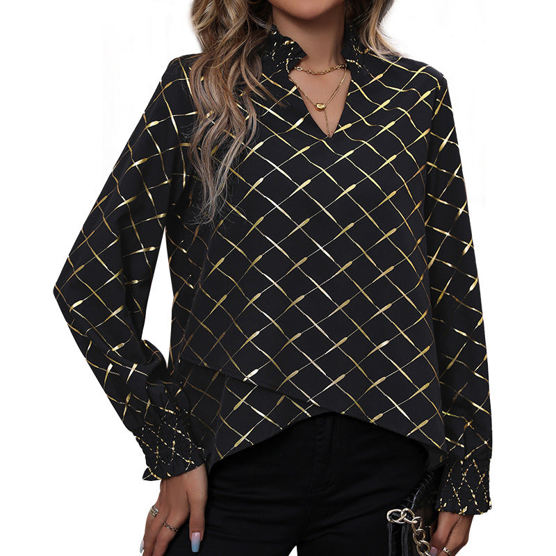 Damen Glänzende Karobluse mit Stehkragen, V‑Ausschnitt und Smokmanschetten Shop Nory