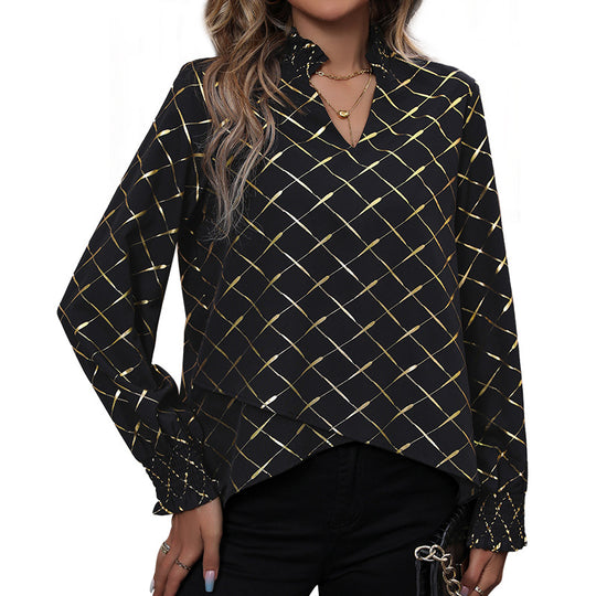 Damen Glänzende Karobluse mit Stehkragen, V‑Ausschnitt und Smokmanschetten Shop Nory