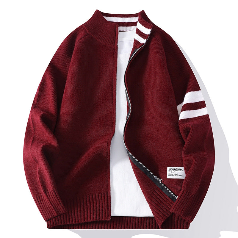 Herren gestrickte Zip-Cardigan im College-Stil mit gestreiftem Ärmelband und geripptem Stehkragen Shop Nory