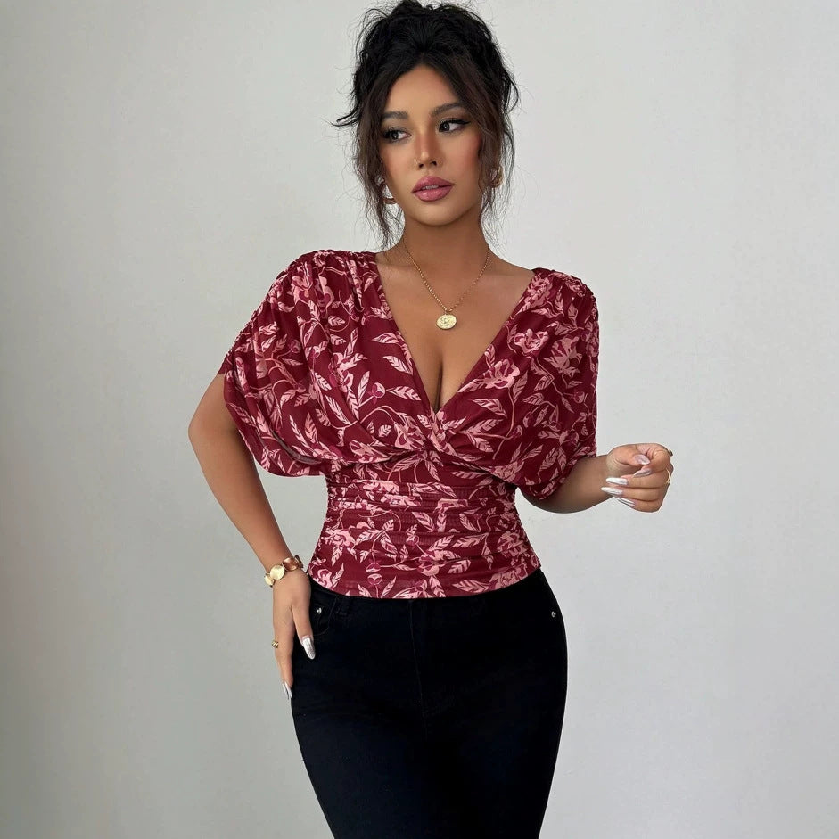 Damen Figurbetonte Wickelbluse mit tiefem V-Ausschnitt, geraffter Taille und Kimonoärmeln Shop Nory
