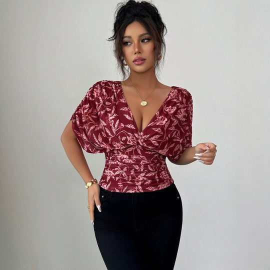 Damen Figurbetonte Wickelbluse mit tiefem V-Ausschnitt, geraffter Taille und Kimonoärmeln Shop Nory
