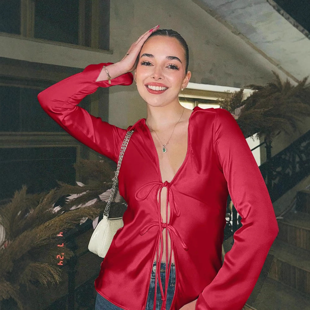 Damen Bluse mit tiefem V-Ausschnitt und Bindebändern taillierter Schnitt ausgestellte Ärmel Shop Nory