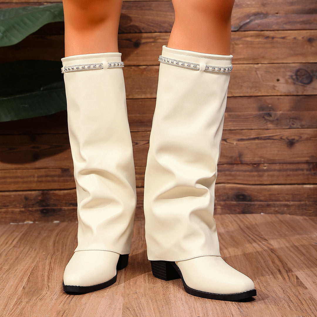 Damen Kniehohe Slouch‑Stiefel mit Strassbesatz und mittlerem Blockabsatz Shop Nory