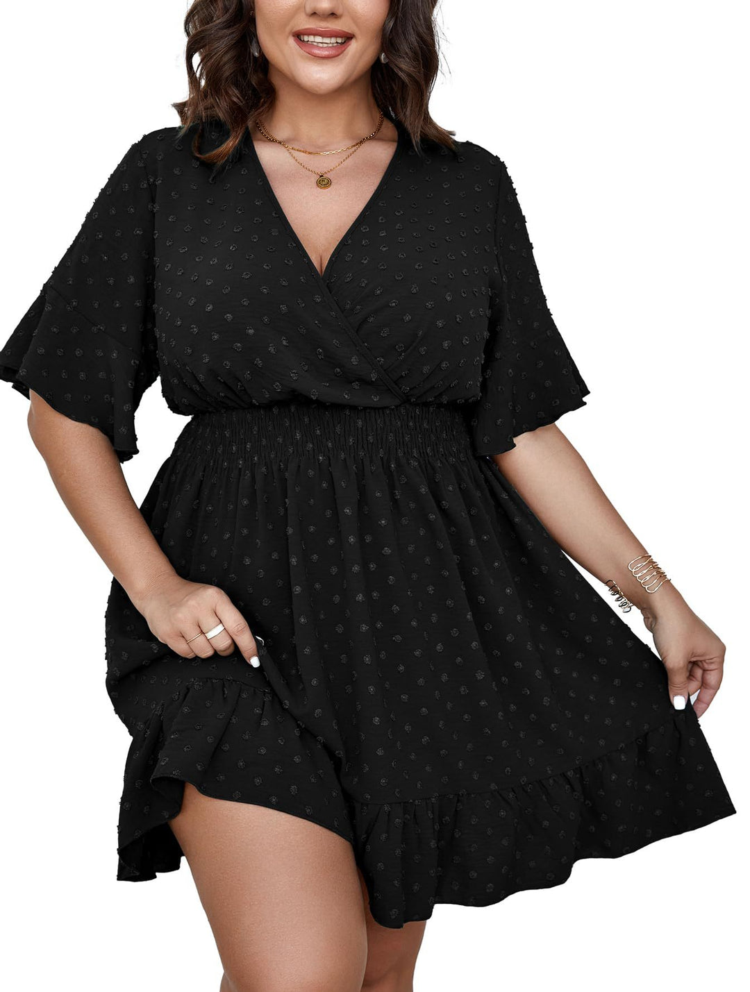 Damen Midikleid mit drapiertem V‑Ausschnitt, Smok-Taillenband und Volantstufen Shop Nory
