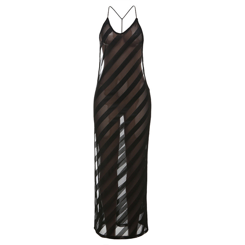 Damen Langes Sommerkleid mit tiefem Rückenausschnitt und schickem Streifenmuster