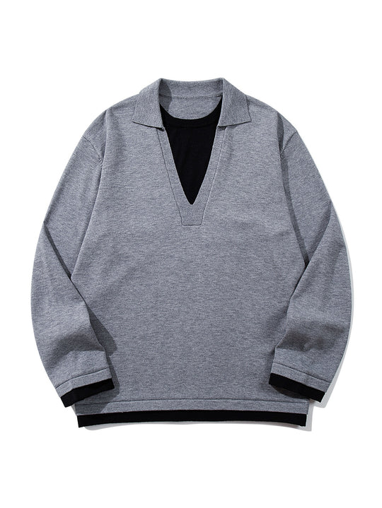Unisex Lässiger Oversize Strickpullover mit tiefem V Einsatz und Hemd‑Layer Optik Shop Nory