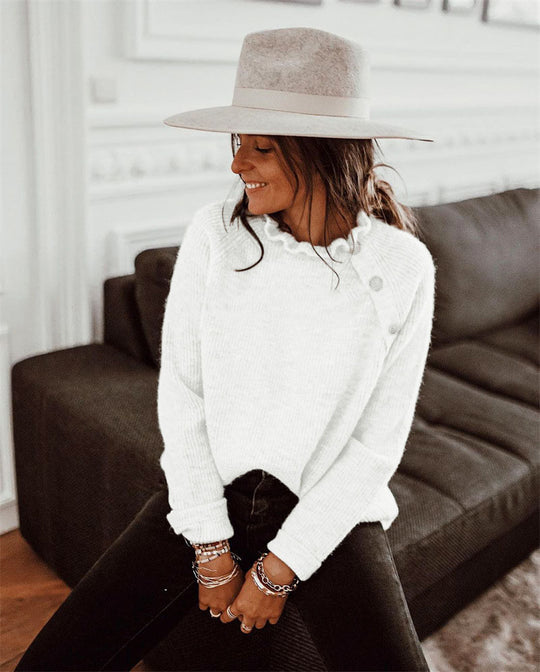 Damen Rippstrickpullover mit Rüschenkragen und seitlicher Knopfleiste Shop Nory