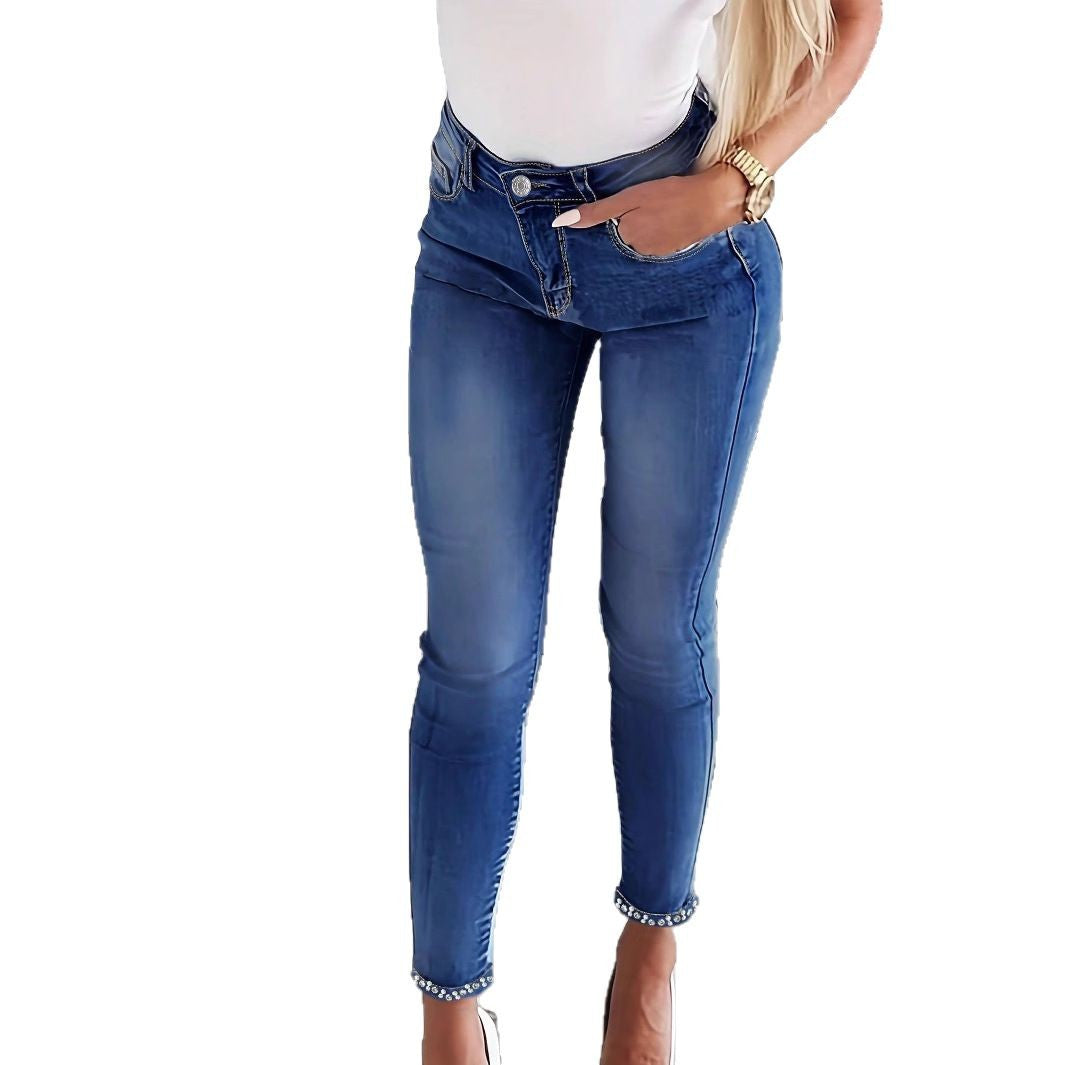 Damen Skinny-Jeans mit Perlenbesatz und Zier-Schleifen Shop Nory