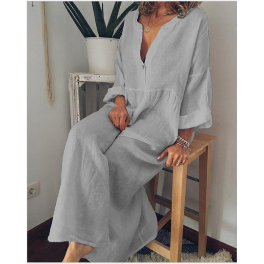 Damen Langes Leinen-Maxikleid mit V-Ausschnitt, geraffter Taille und 3/4-Ärmeln Shop Nory