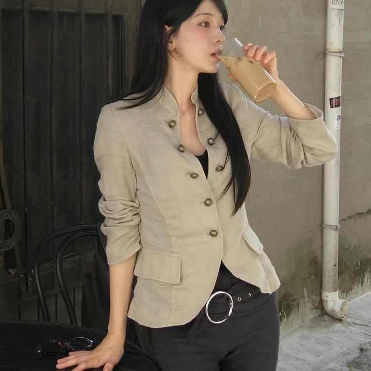 Damen Taillierter Leinenblazer mit Stehkragen und Zierknopfleiste Shop Nory