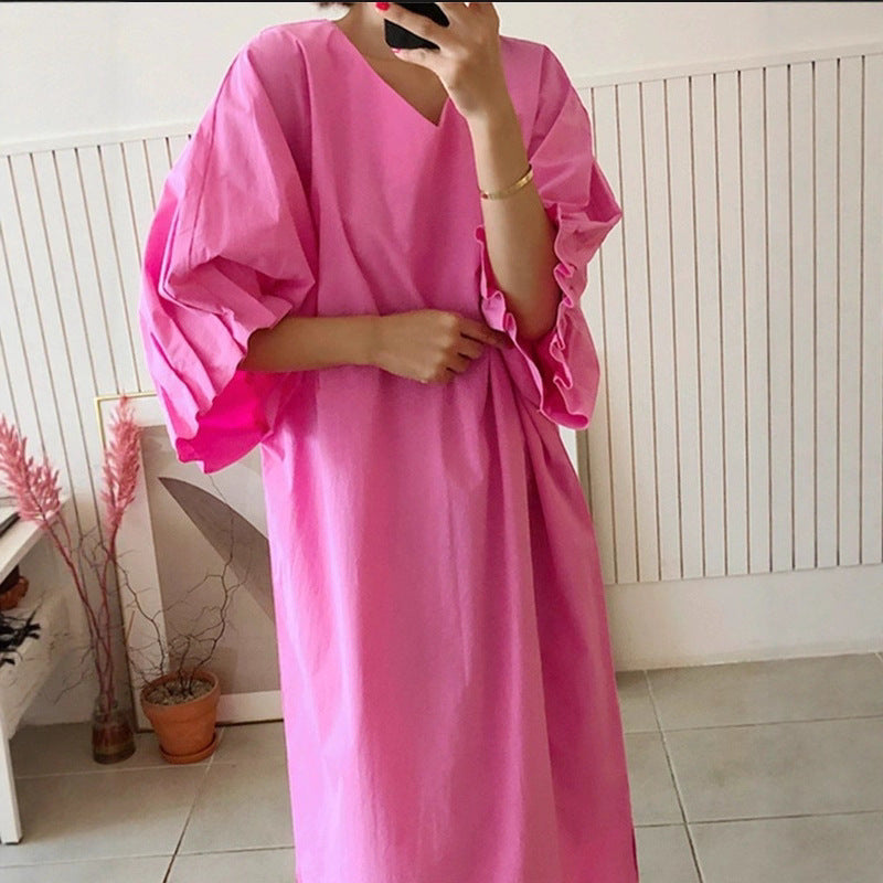 Damen Oversized V-Ausschnitt Baumwollkleid mit Volantärmeln Shop Nory