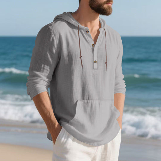 Herren Leichter Kapuzen-Henley aus Baumwoll-Leinen mit Kängurutasche Shop Nory