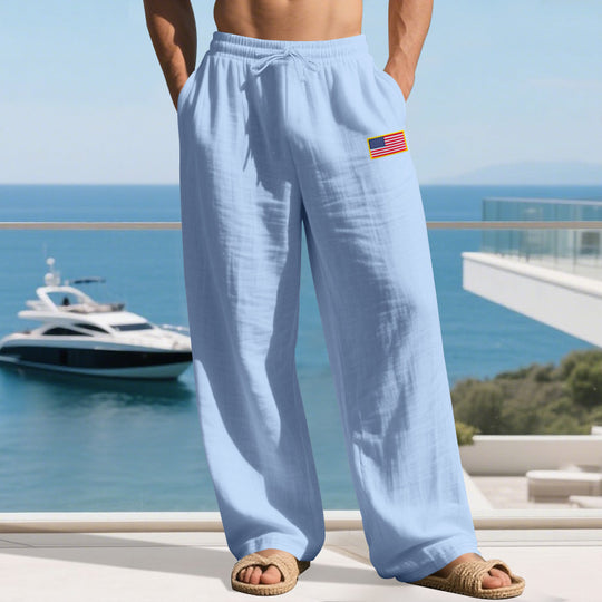 Herren Maritime Relaxed‑Fit Leinenoptik-Freizeithose mit Tunnelzug & Flaggen-Patch Shop Nory