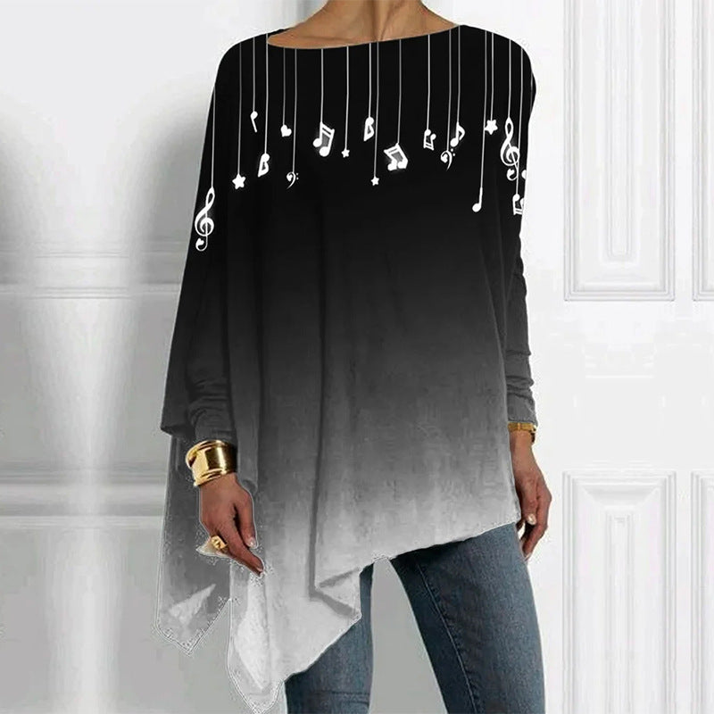 Damen Asymmetrisches Musikprint-Longsleeve mit Klavier- und Notenmotiv Shop Nory