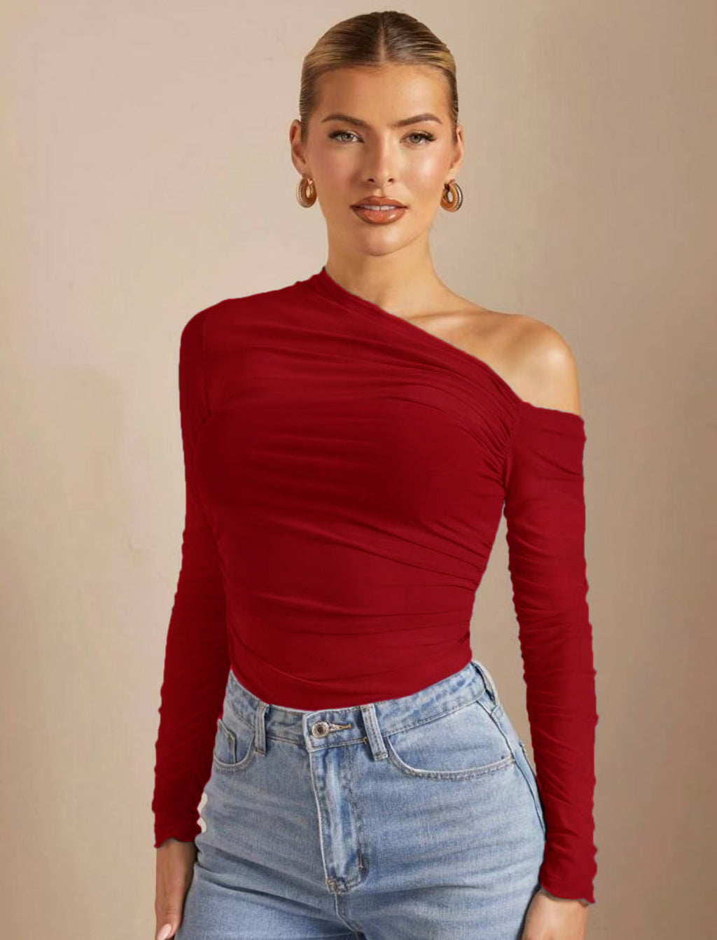 Damen Asymmetrischer Body mit Raffungen und langen Ärmeln