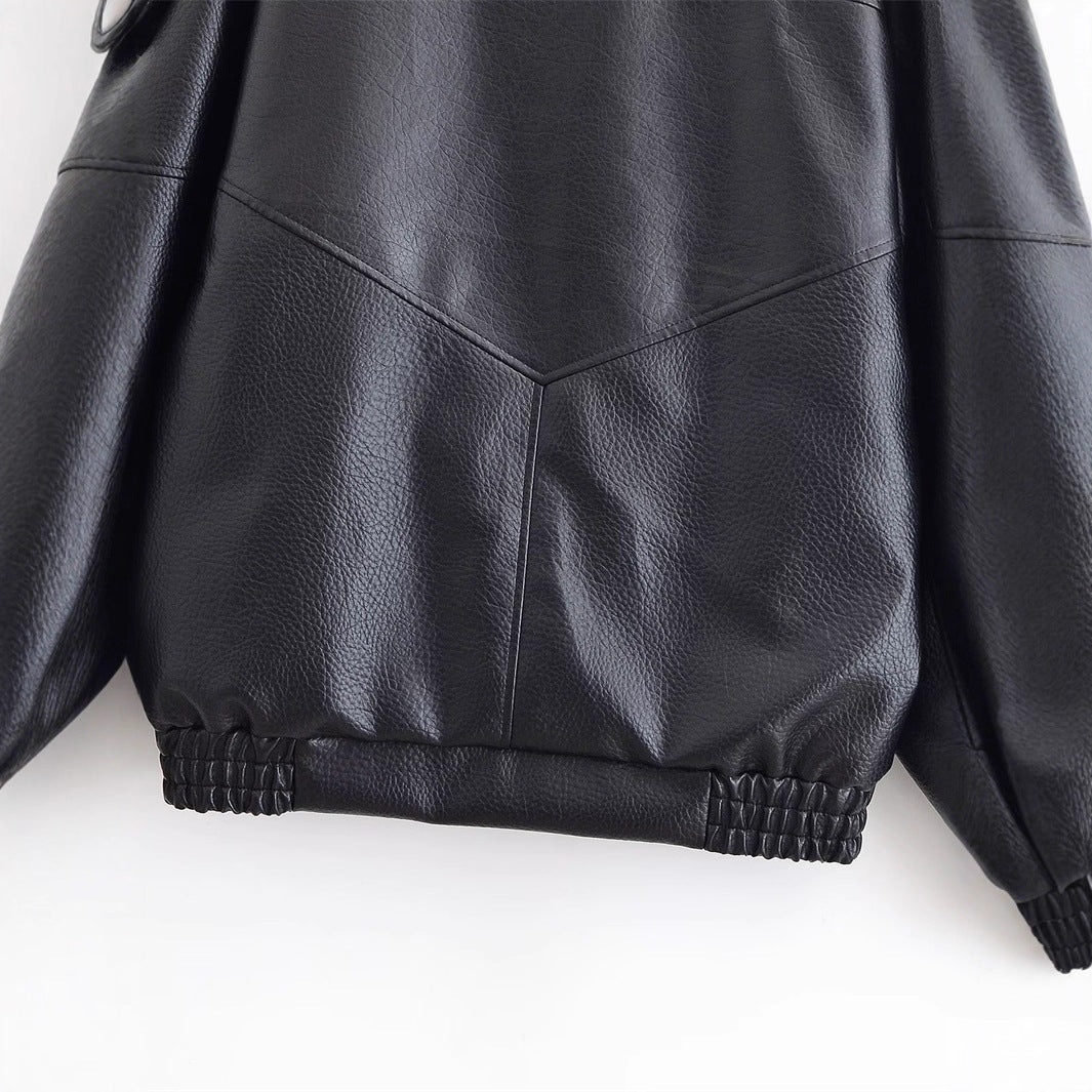 Damen Lederjacke mit hohem Stehkragen und asymmetrischer Druckknopfleiste Shop Nory