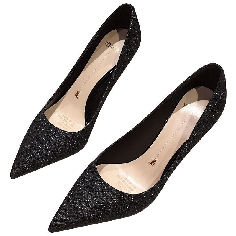 Damen Funkelnde spitz zulaufende Pumps mit filigratem Stiletto‑Metallabsatz und Memory‑Fußbett Shop Nory