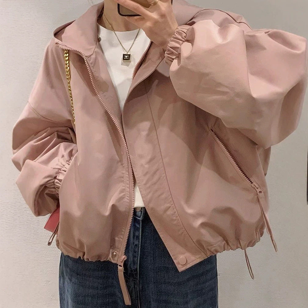 Damen Oversize-Kapuzenjacke im Bomberstil mit Kordelzug, elastischen Bündchen & seitlichen Reißverschlusstaschen Shop Nory