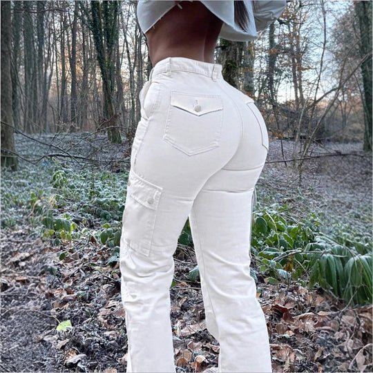 Damen taillenhoch geschnittene Cargo-Jeans mit ausgestelltem Schlag und funktionalen Pattentaschen Shop Nory