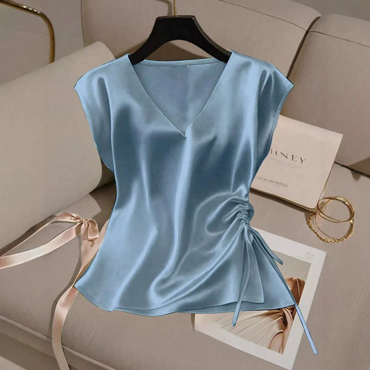 Damen Satinbluse mit seitlichem Kordelzug und V-Ausschnitt
