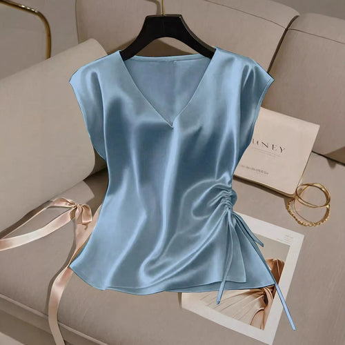 Damen Satinbluse mit seitlichem Kordelzug und V-Ausschnitt