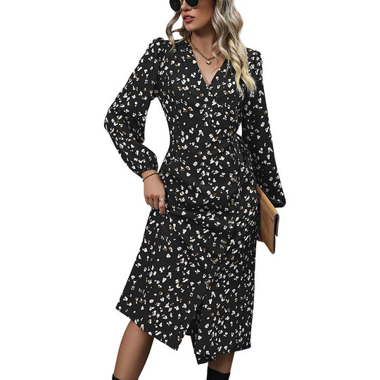 Damen Tailliertes Wickel-Midikleid mit V-Ausschnitt, Beinschlitz und Volumenärmeln Shop Nory