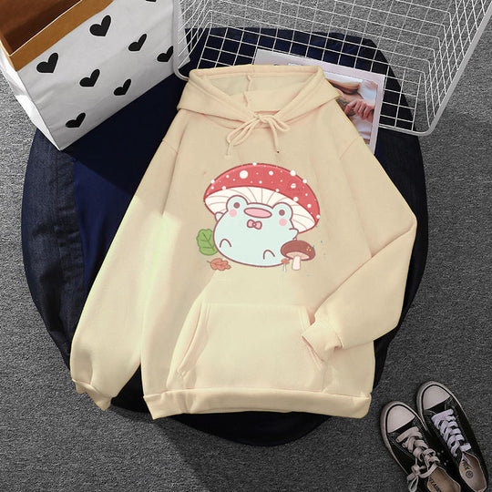 Damen nan weicher Oversize-Kapuzenpullover mit kawaii Pilzfrosch-Print, Kängurutasche und gerippten Bündchen Shop Nory