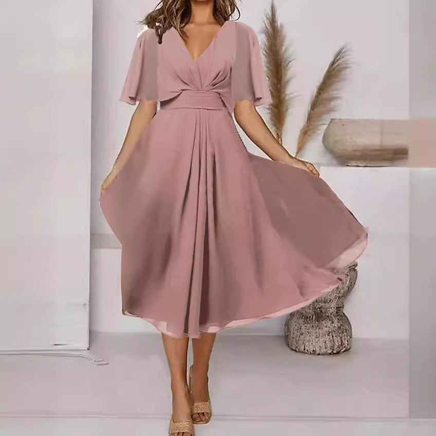 Damen elegantes Maxikleid mit fließenden Ärmeln und V-Ausschnitt Shopnory
