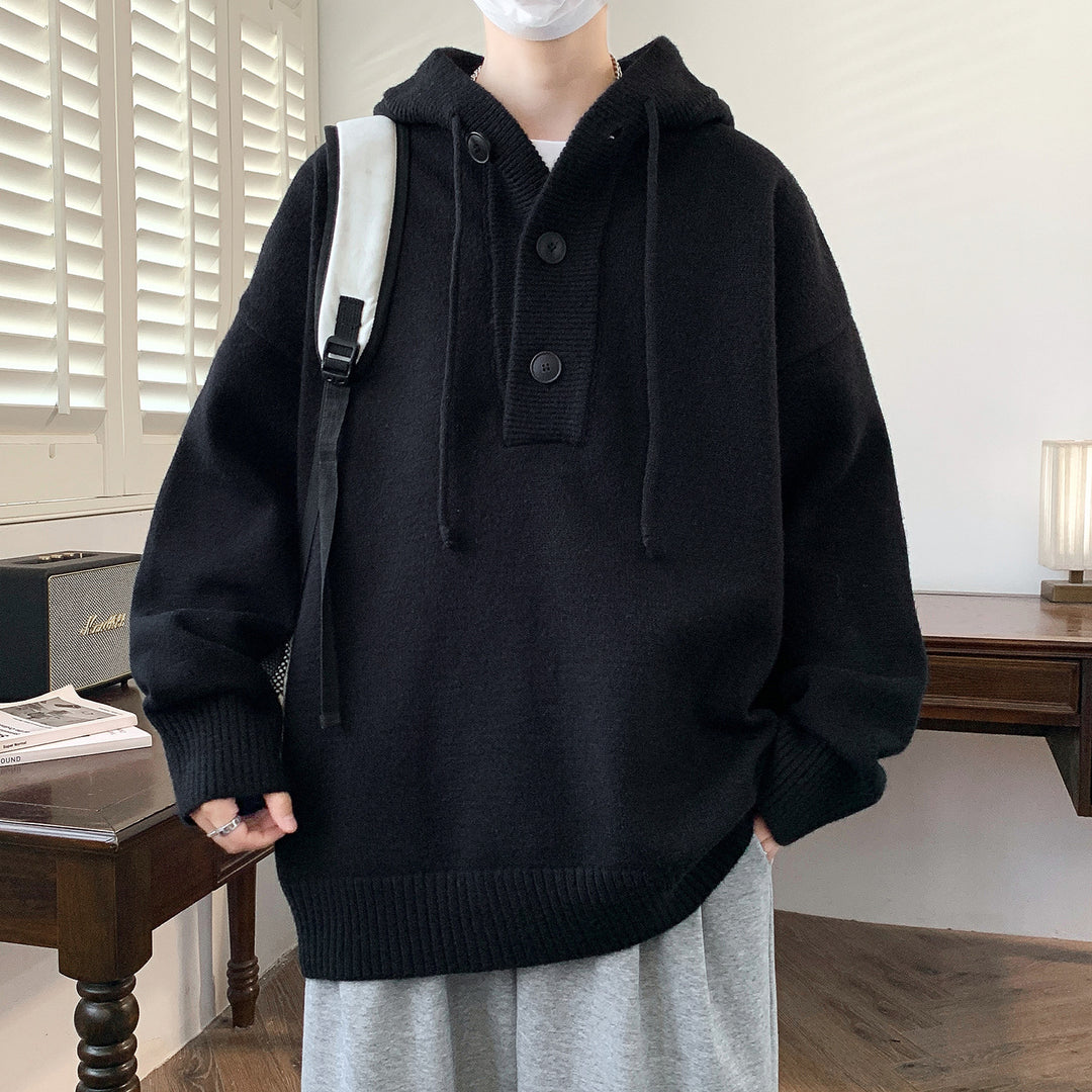 Unisex Oversize Strick-Hoodie mit Halbknopfblende und Rippbündchen Shop Nory