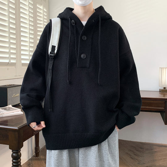 Unisex Oversize Strick-Hoodie mit Halbknopfblende und Rippbündchen Shop Nory