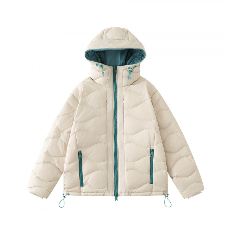 Unisex Kurz geschnittene gesteppte Kapuzenjacke mit Wellensteppung, Zwei-Wege-Reißverschluss und verstellbarem Saum Shop Nory