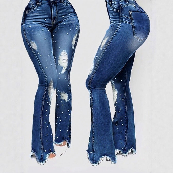 Damen Perlenbesetzte High-Waist Flared-Jeans mit Destroyed-Details und rohem Saum Shop Nory