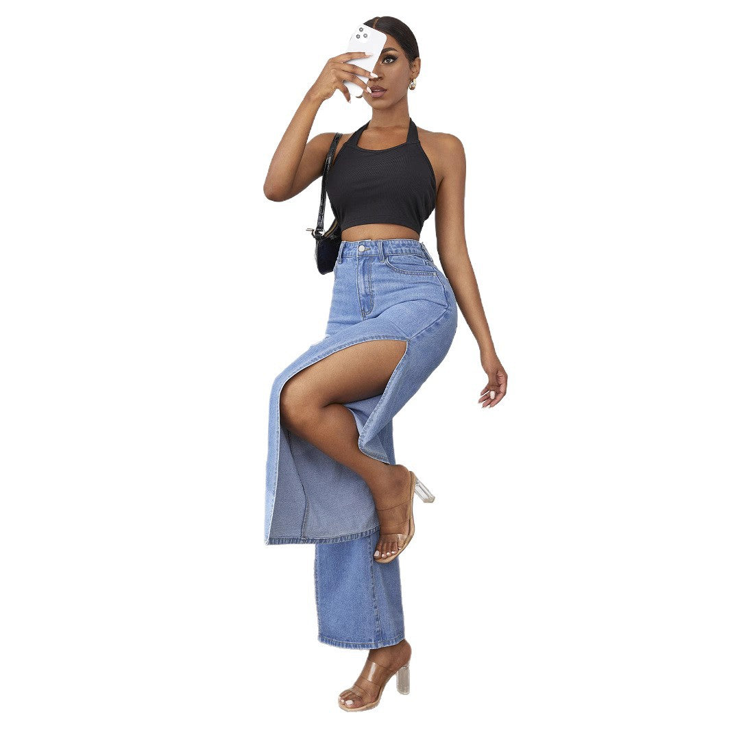 Damen weite High-Waist Denim-Jeanshose mit seitlichen Beinschlitzen und Destroyed-Kniepartien Shop Nory