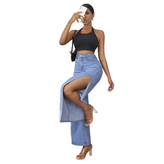 Damen weite High-Waist Denim-Jeanshose mit seitlichen Beinschlitzen und Destroyed-Kniepartien Shop Nory