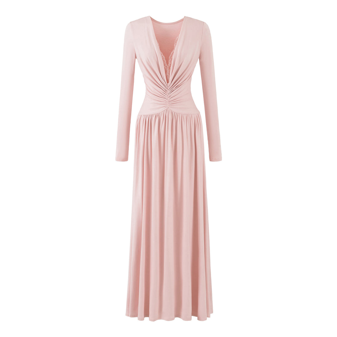 Damen Maxikleid mit gerafftem Wickeloberteil, tiefem V‑Ausschnitt und Spitzenbesatz Shop Nory