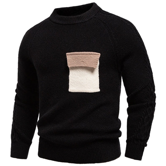 Herren Pullover aus Strukturstrick mit Rundhals, aufgesetzter Brusttasche und Zopfmuster-Ärmeln Shop Nory