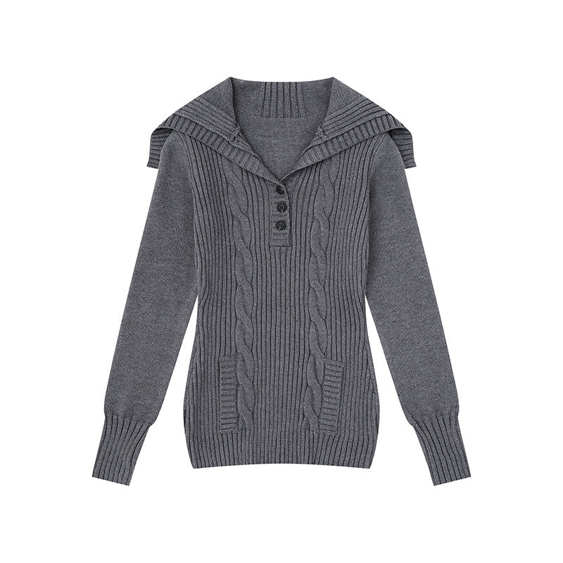 Damen Strickpullover mit Zopfmuster, Schalkragen und Knopfleiste Shop Nory