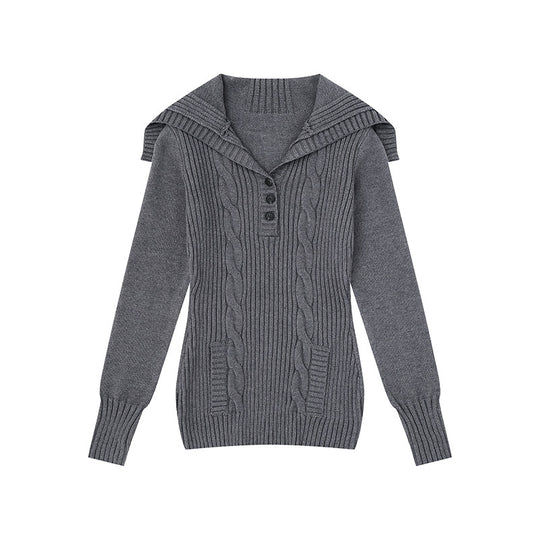 Damen Strickpullover mit Zopfmuster, Schalkragen und Knopfleiste Shop Nory