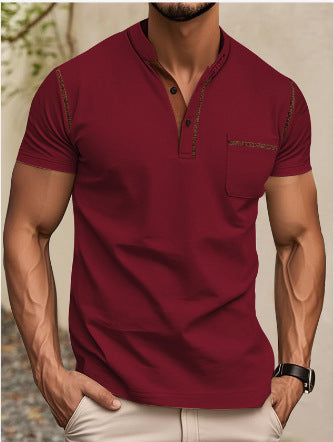 Herren nan modernes Kurzarm-Henley mit Stehkragen, Kontrastnähten und aufgesetzter Brusttasche