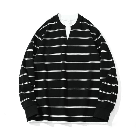 Unisex Gestreiftes Langarm-Sweatshirt mit V-Notch und Waffelstruktur Shop Nory