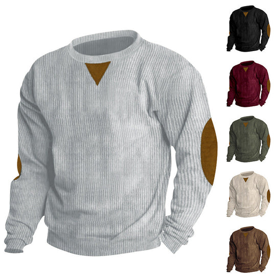 Herren nan grobgerippter Rundhals-Strickpullover mit Ellbogenpatches und Dreiecksdetail
