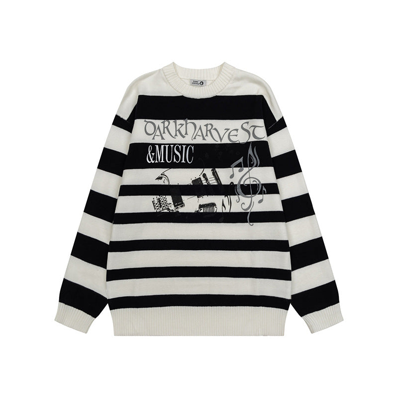 Damen Gestreifter Oversize-Strickpullover mit Rundhals und Musik-Grafik Shop Nory
