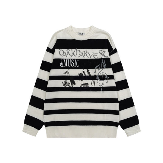Damen Gestreifter Oversize-Strickpullover mit Rundhals und Musik-Grafik Shop Nory