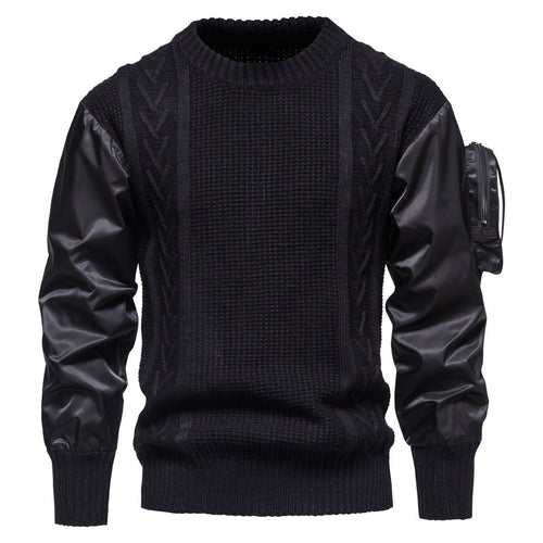 Herren Grobstrickpullover mit modernen Kunstlederärmeln Shopnory