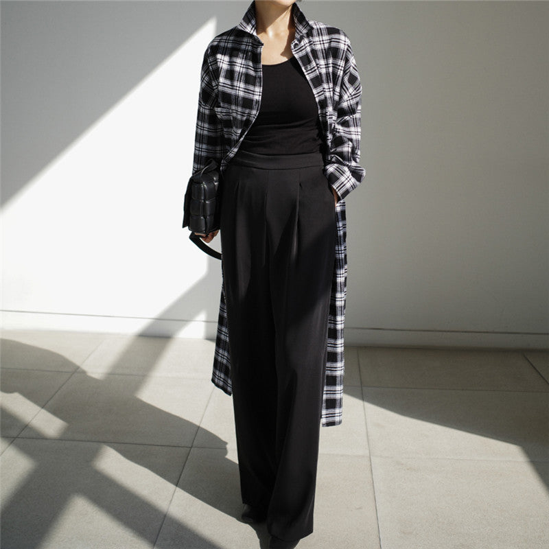 Damen Langer kariierter Hemdmantel mit Taillenband und Seitenschlitzen Shop Nory