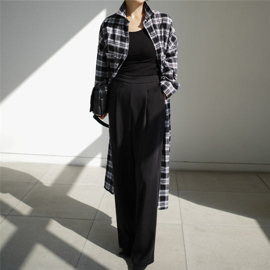 Damen Langer kariierter Hemdmantel mit Taillenband und Seitenschlitzen Shop Nory